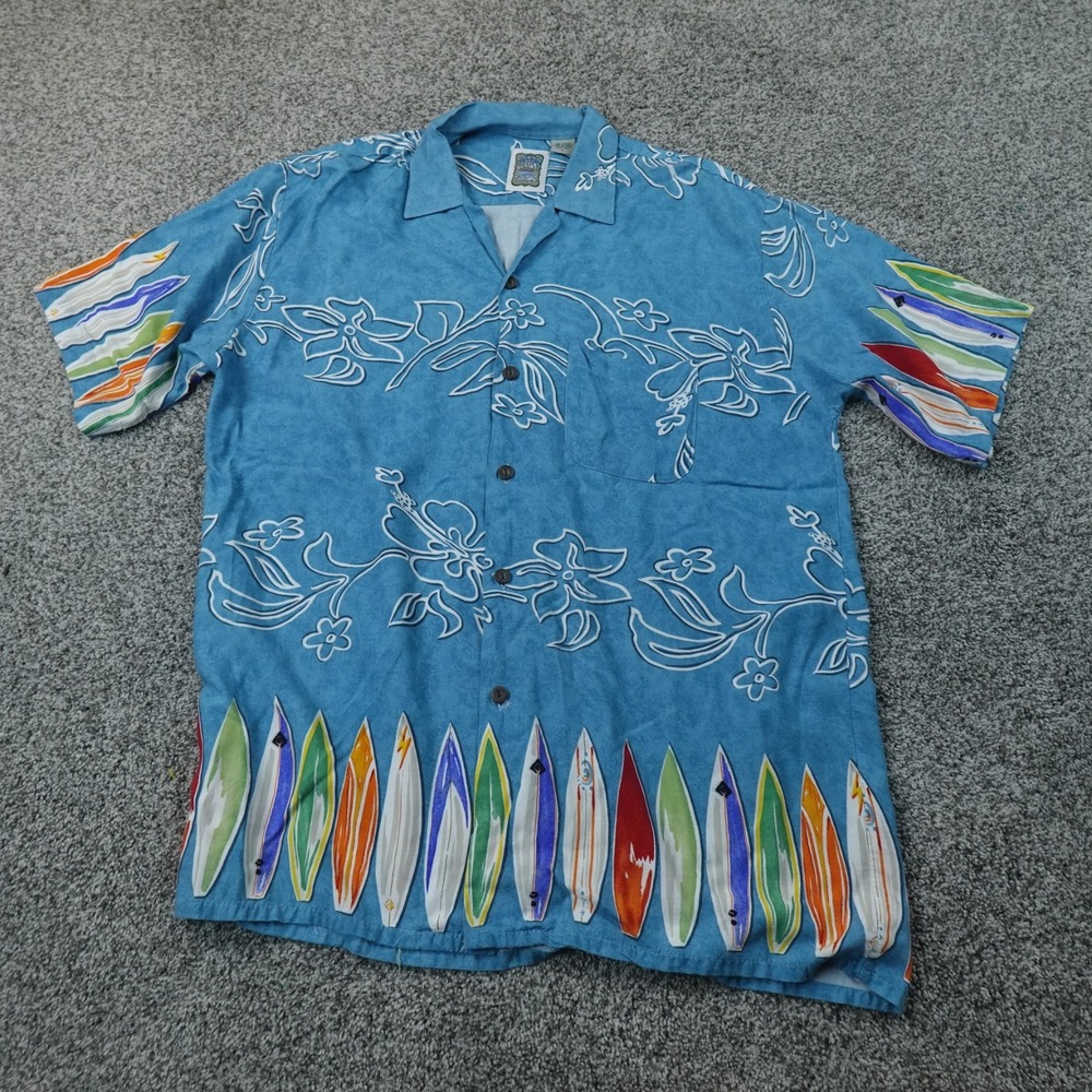Hawaiian Shirt Mens L Blue Aloha Surfboard Floral Button Up Camp Rayon 90s Y2K